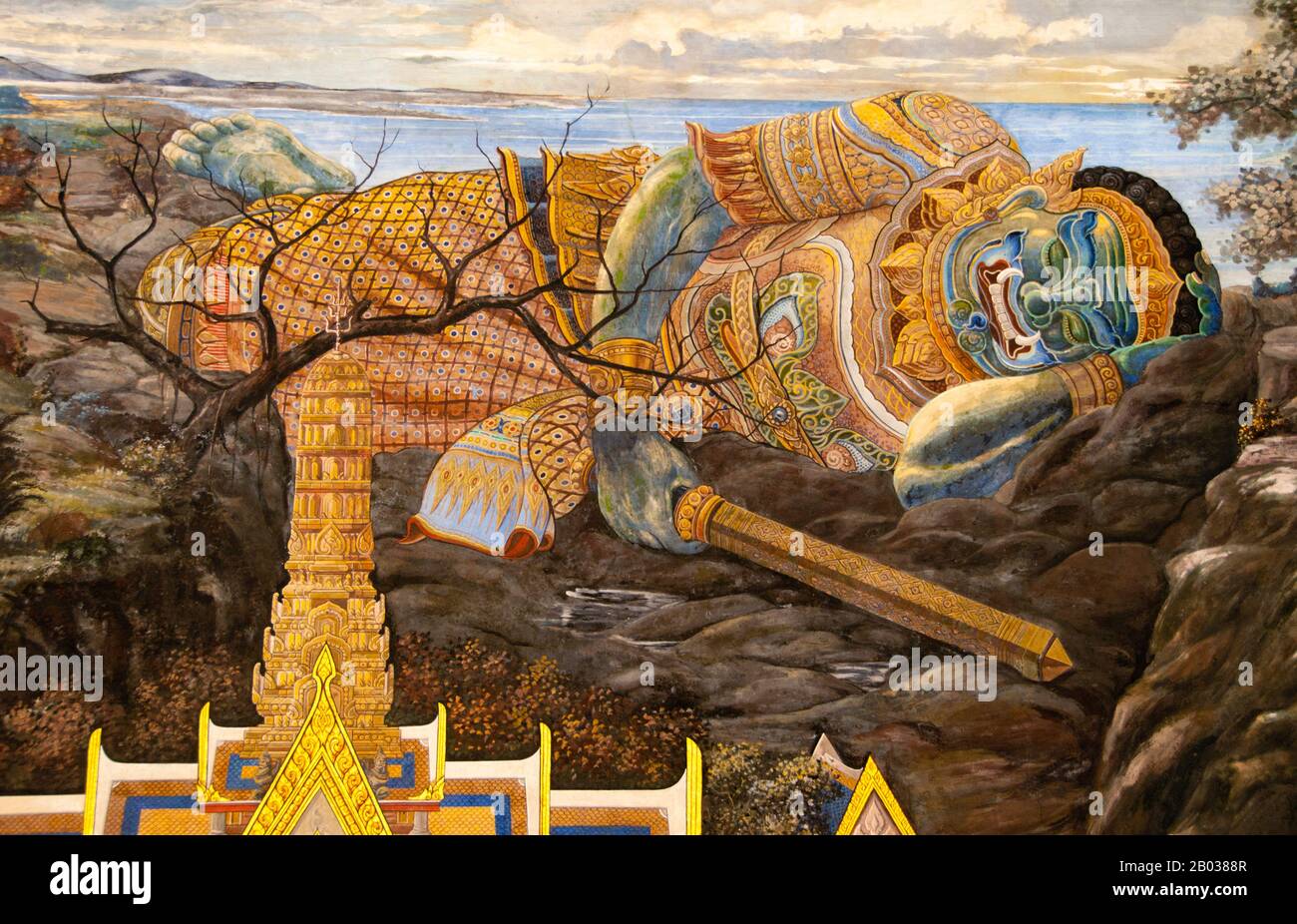 Il Ramayana è una storia vecchia quanto il tempo e - almeno nel subcontinente indiano e attraverso gran parte del sud-est asiatico - di popolarità senza pari. Più di duemila trecento anni fa lo studioso-poeta Valmiki si sedette a scrivere la sua epica definitiva di amore e di guerra. Il poema Valmiki composto è stato progettato il Ramayana, o 'Romance of Rama' in Sanscrito. Nella sua forma attuale, la versione sanscrita consiste di circa 24.000 coppie divise in sette libri. Il Ramakien è la versione tailandese di questo epico e ha un'influenza importante sulla letteratura, l'arte e il dramma tailandese. E' considerata la Nationa Foto Stock