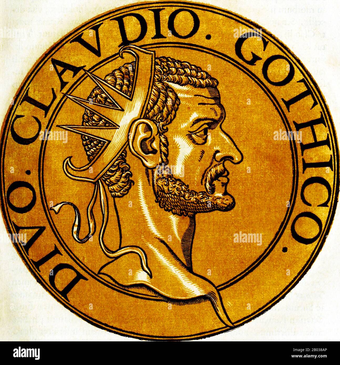 Claudius II (210-270), noto anche come Claudius Gothicus, era di origine illirica e di nascita barbarica. Era un soldato di carriera, dopo aver servito tutta la sua vita adulta nell'esercito romano. Era una tribuna militare nell'esercito dell'imperatore Gallieno durante l'assedio di Milano nel 268, quando Gallieno fu assassinato dai suoi stessi equinciali, compreso forse Claudio. Claudio fu poi proclamato imperatore dai suoi soldati, forse per la sua forza fisica e crudeltà. Claudius, come il precedente imperatore barbaro Maximinus Thrax, era un soldato-imperatore, il primo di una serie che avrebbe ristabilito l'Impero Fro Foto Stock