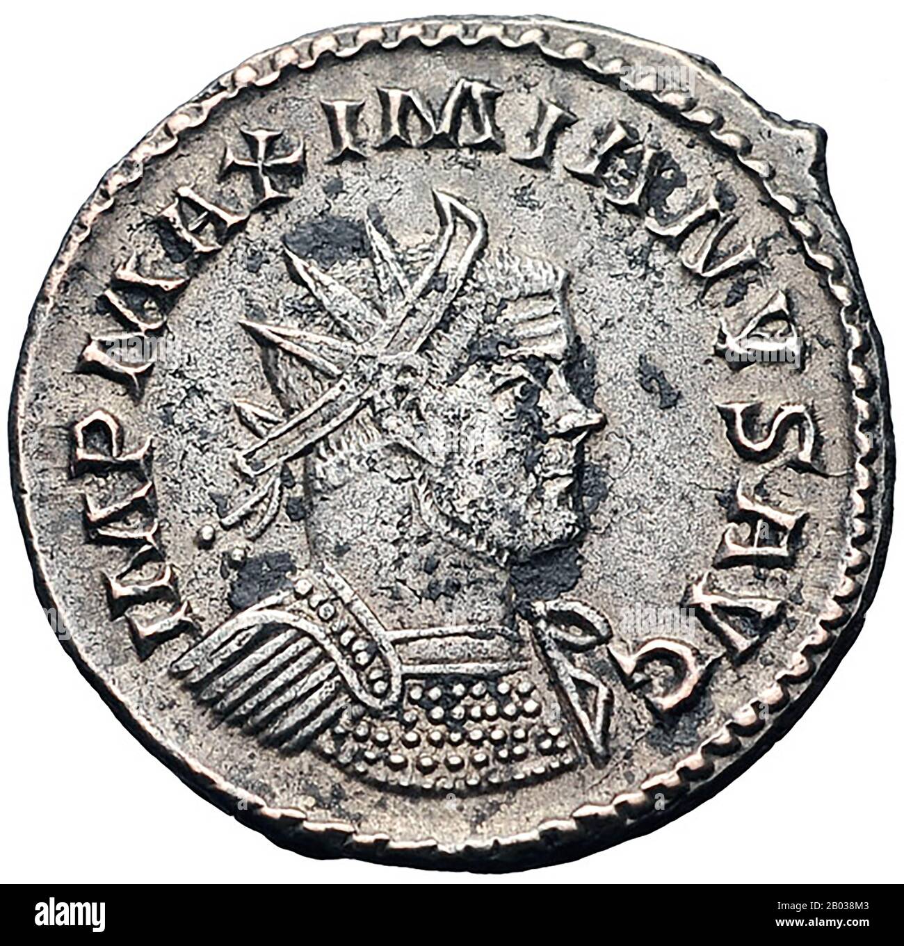 Massimiano (250-310) nacque in provincia di Pannonia in una famiglia di negozianti, e si unì all'esercito appena poté, servendo accanto al futuro co-imperatore Diocleziano sotto gli imperatori Aurelian, Probus e Carus. Dopo che Diocleziano divenne imperatore nel 284, Massimiano fu presto nominato co-imperatore nel 286, abbinando la brawn militare di Massimiano con il cervello politico di Diocleziano. Maximian trascorse la maggior parte del suo tempo in campagna, combattendo contro le tribù germaniche lungo la frontiera del Reno e in Gallia. Quando l'uomo Massimiano aveva nominato per governare le coste del canale, Carausius, si ribellò nel 286 e sedeva Fr Foto Stock