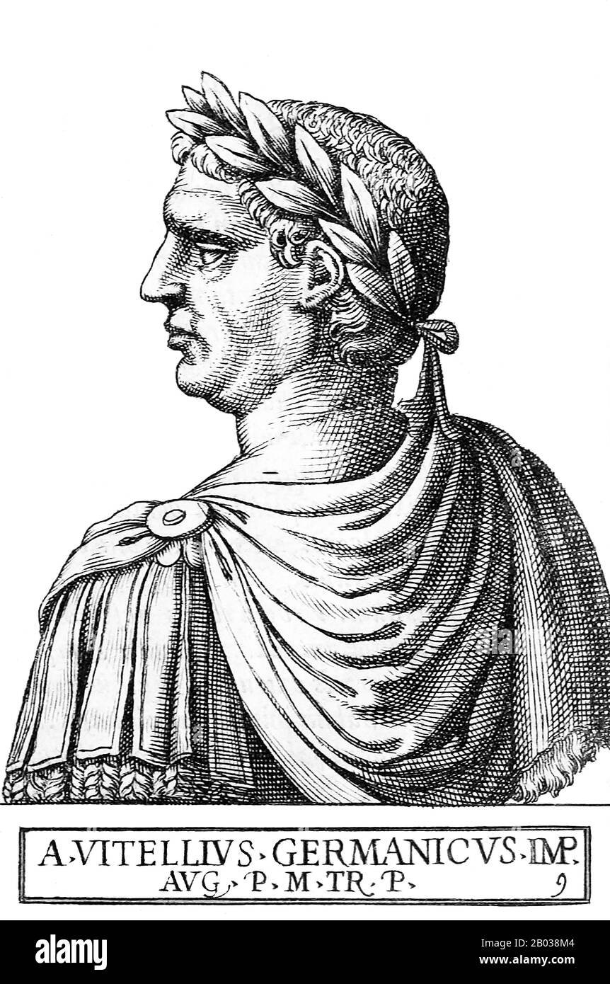 Il terzo degli imperatori a regnare durante l'anno tumultuoso Dei Quattro imperatori, Vitellius iniziò la sua carriera come Console nel 48 d.C., e fu infine comandato dagli eserciti di Germania Inferiore dall'imperatore Galba. Da lì iniziò la sua offerta di potere contro Galba e gli altri pretendenti. Egli portò con successo una rivoluzione militare contro il successore di Galba Otho nel 69 d.C., marciando a Roma e diventando imperatore, anche se non fu mai riconosciuto come tale in tutto il mondo romano. Si dice che i suoi uomini siano leciti e ruvidi, con Roma che viene coinvolta nei massacri e nei tumulti, decadente Foto Stock