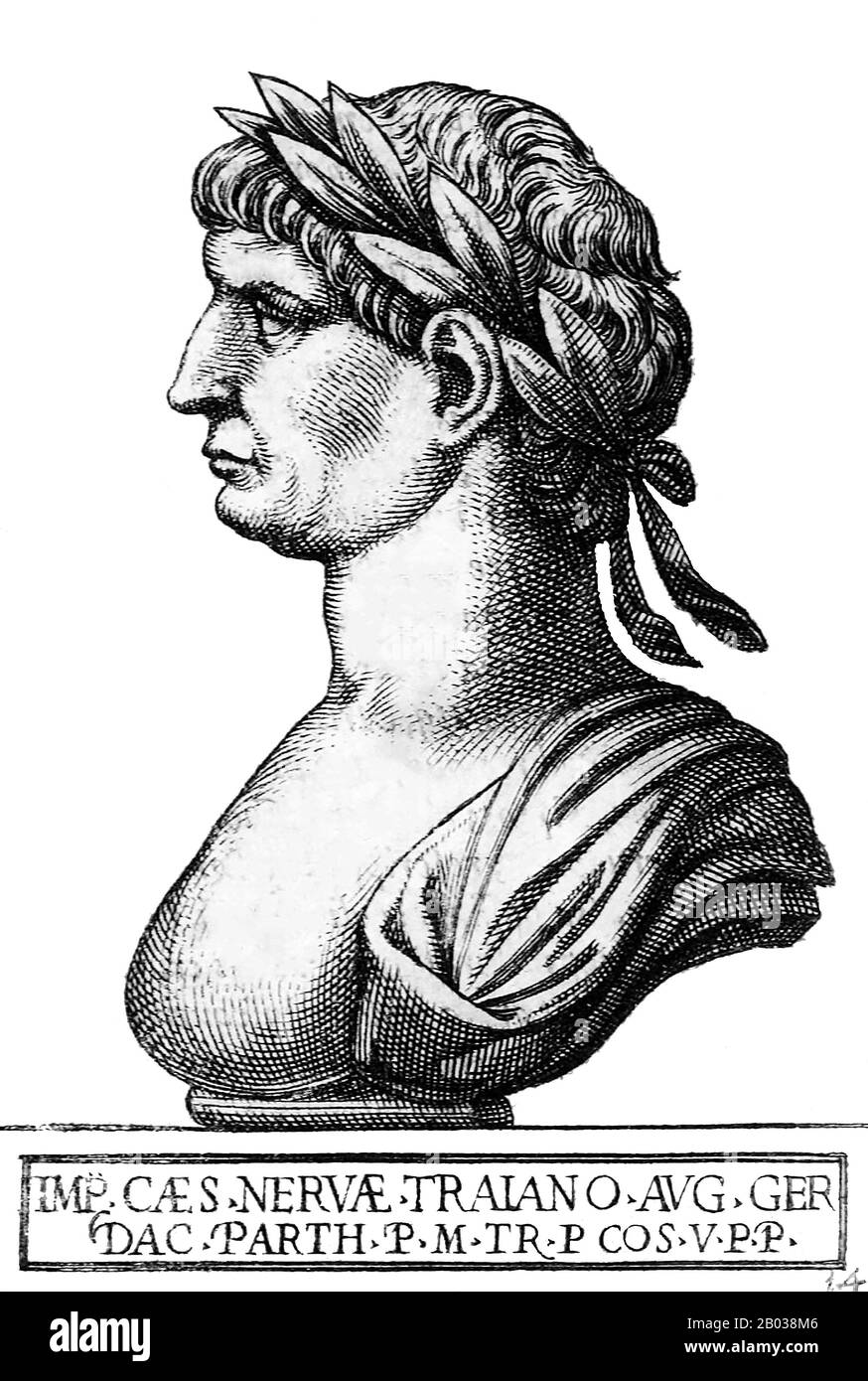 Marcus Ulpius Traianus (53-117), più noto come Traiano, è nato nella provincia di Hispania Baetica nel 53 d.C., in una famiglia non patrizia. Si alzò in risalto durante il regno di Domiziano, e combatté in numerose campagne. Fu adottato come erede e successore di Nerva nel 97 d.C., l'imperatore lo costrinse dalla Guardia Pretoriana. Traiano divenne imperatore nel 98 dopo la morte del suo predecessore. Traiano è considerato uno dei più grandi imperatori dell'Impero Romano, con il senato che lo dichiara ufficialmente 'optimus princeps', o 'miglior governante'. Fu un soldato-imperatore di grande successo che guidò Foto Stock