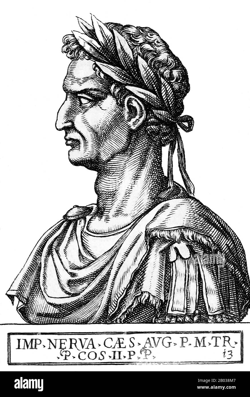 Nato nel 30 d.C., Marcus Cocceius Nerva (30-98 d.C.) era un membro della nobiltà italiana piuttosto che dell'élite romana, anche se i Cocceii erano ancora una delle famiglie politiche più stimate e influenti della tarda Repubblica e dell'inizio dell'Impero. Nerva servì gran parte del suo servizio imperiale sotto Nerone e la dinastia dei Flavi, e quando Domiziano fu assassinato nel 96 d.C. da una congiura di liberti e Guardia Pretoriana, Nerva fu dichiarata imperatore dal senato romano. Questo segnò la prima volta che il Senato aveva eletto un imperatore. Aveva sessantacinque anni quando divenne imperatore, e uno dei suoi principali obiettivi era quello di re Foto Stock