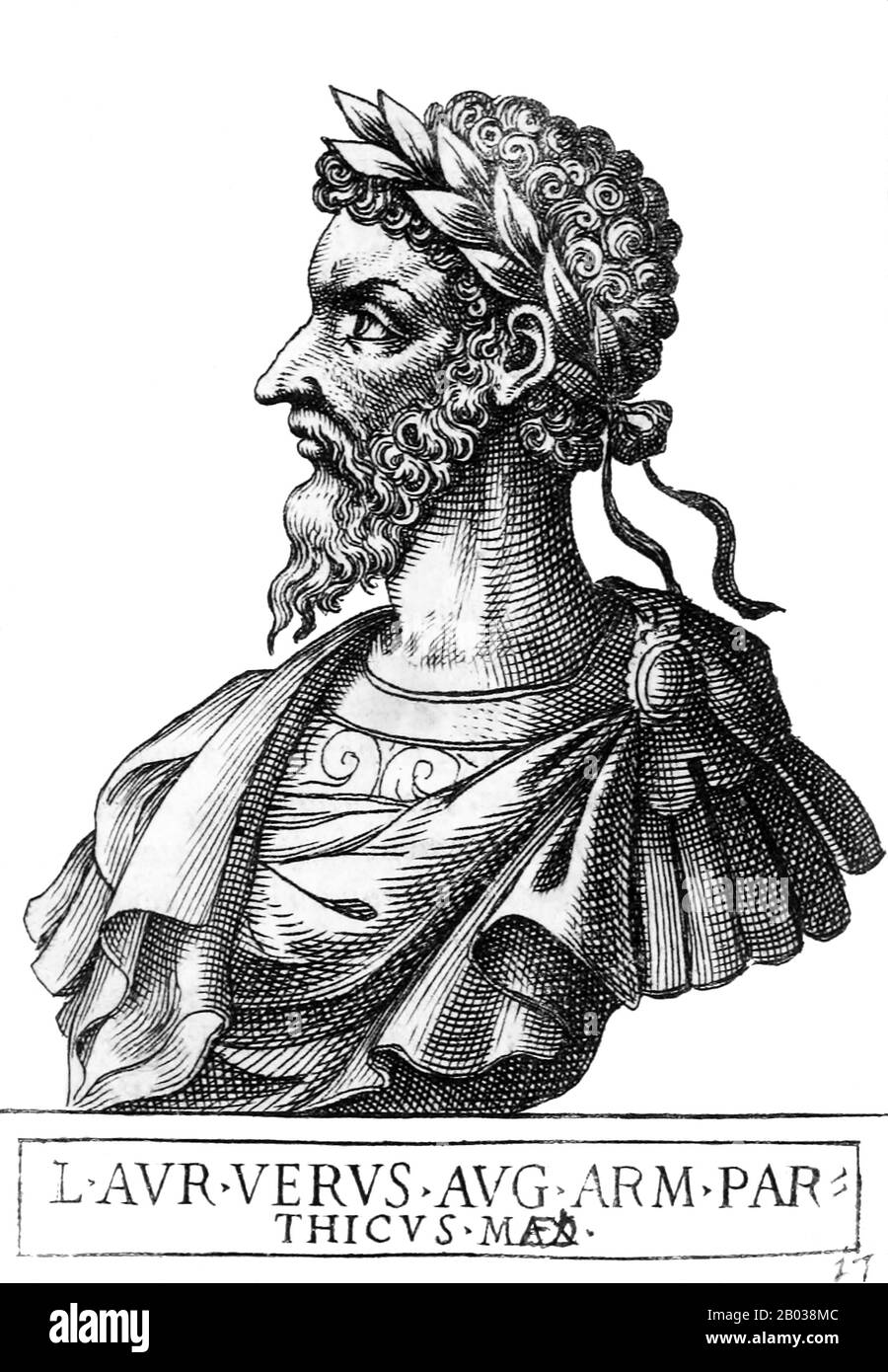 Nato Lucius Ceionius Commodus (130-169) nel 130, il suo nome fu alterato a Lucius Aelius Commodus quando suo padre fu adottato da Adriano come suo erede. Quando il padre di Lucius, che condivideva lo stesso nome, morì nel 138 d.C., Lucius fu adottato da Antonino Pio accanto a Marco Aurelio. Ora conosciuta come Lucius Aelius Aureus Commodus, Lucius sarebbe finalmente diventato Lucius Verus dopo la sua ascesa al co-imperatore nel 161, condividendo il potere con Marco Aurelio come parte delle richieste di quest'ultimo al Senato romano quando divenne imperatore. Durante il loro regno, l'Impero sconfisse un imperante impero partico, saccheggiando il capro Foto Stock