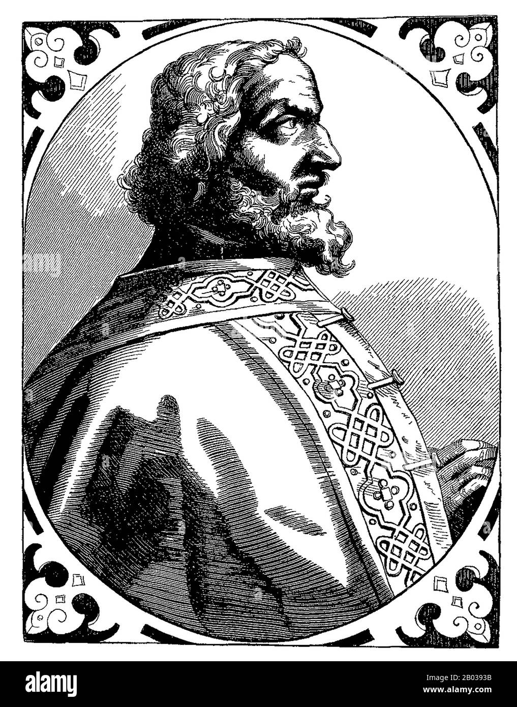 Carlo Magno (742/747/748-814), conosciuto anche come Carlo il Grande o Carlo i era il figlio maggiore del Re dei Franchi, Pepin Il Corto. Prese il trono dei Franchi dopo la morte del padre nel 768, inizialmente coreglando con il fratello Carloman i, morto nel 771, lasciando Carlo Magno come indiscusso dominatore dei Franchi. Carlo Magno si considerò un protettore del papato, e invase l'Italia settentrionale per rimuovere i Longobardi dal potere, diventando Re d'Italia nel 774. Guidò inoltre incursioni nella Spagna musulmana e si batté contro i Sassoni dell'est, cristianizzandoli sulla pena di morte Foto Stock