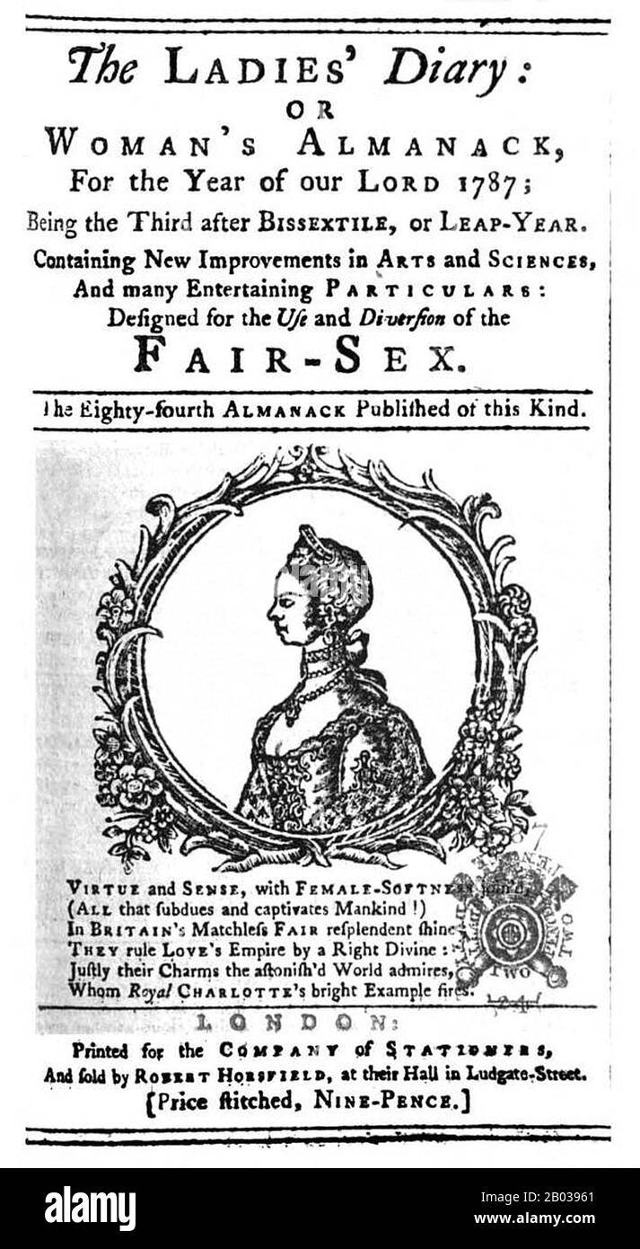 Il Diario delle Signore o, Almanack della donna comparve annualmente a Londra dal 1704 al 1841 dopo di che fu succeduto dal Diario della Signora e del Signore. Ha caratterizzato il materiale relativo ai calendari ecc. compreso gli orari di alba e tramonto e le fasi della luna, così come le date importanti (eclissi, feste, termini della scuola, ecc.) ed una cronologia degli eventi notevoli. Foto Stock