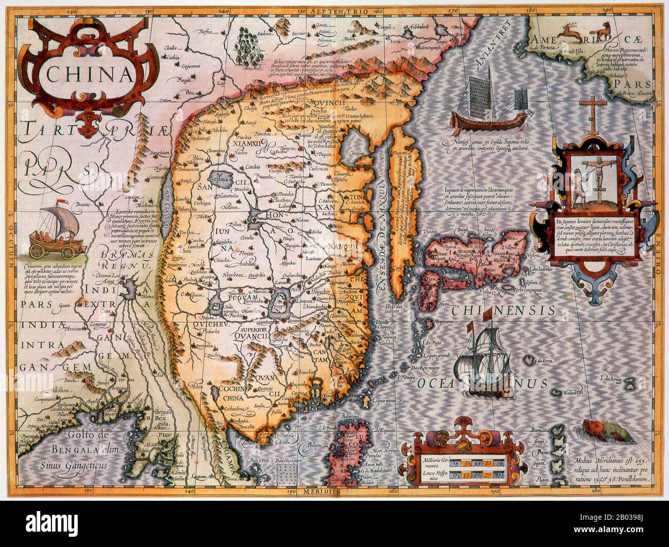 Gerardus Mercator, un tedesco fiammingo (5 marzo 1512 – 2 dicembre 1594) è stato un cartografo rinomato per la creazione di una mappa mondiale basata su una nuova proiezione che rappresentava corsi di vela di costante portante come linee rette, un'innovazione che è ancora utilizzata nelle carte nautiche utilizzate per la navigazione. Jodocus Hondius (Joost de Hondt, 1563 – 1612) è stato un . Nel 17th secolo ha contribuito a fondare Amsterdam come centro di cartografia in Europa. Foto Stock