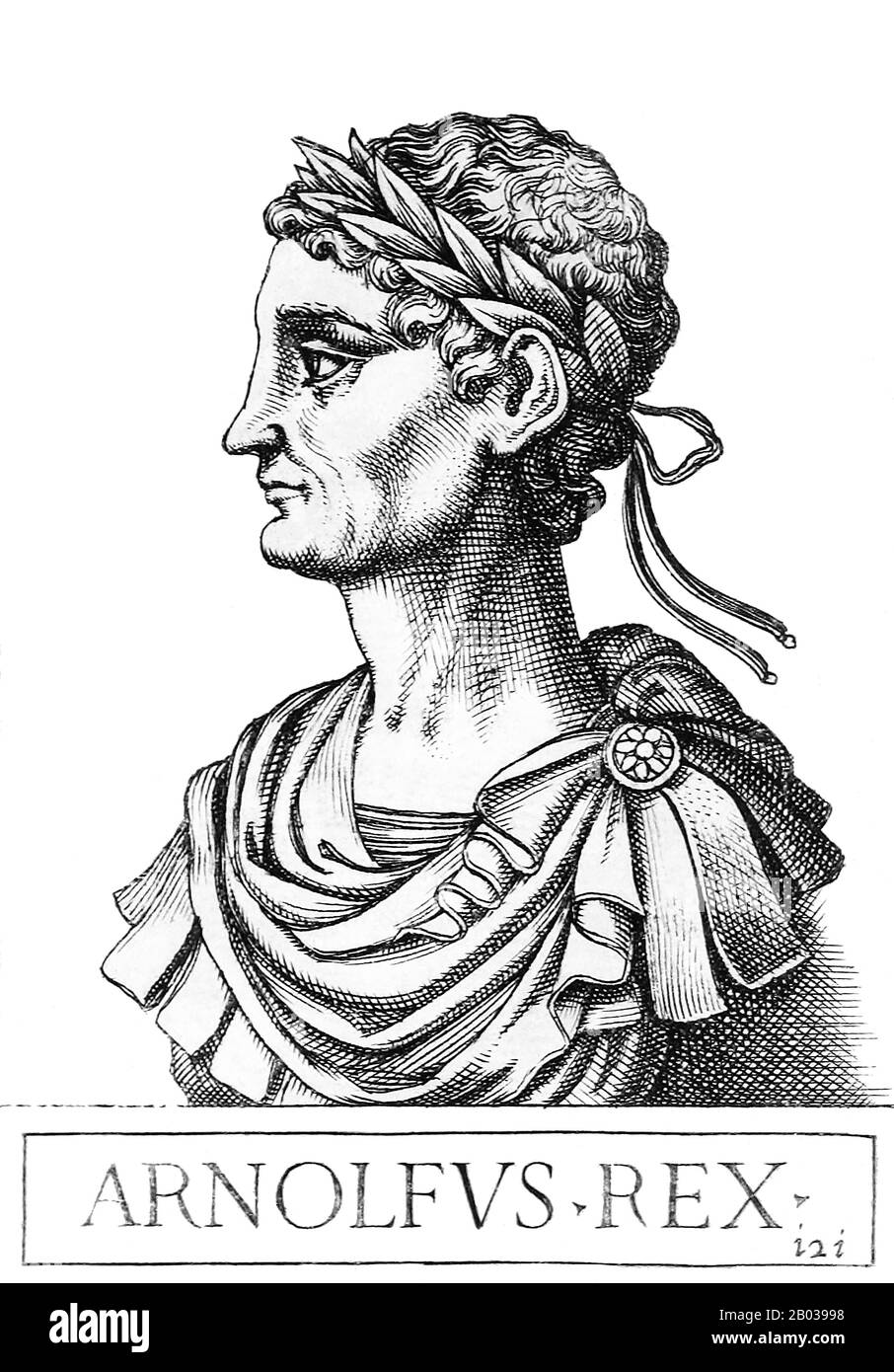 Arnulf (850-899), noto anche come Arnulf della Carinzia, era il figlio illegittimo del re Carloman di Baviera e nipote dell'imperatore Carlo Il Grasso. Arnulf divenne Duca di Carinzia, e più o meno governò anche la Baviera. L'ambizione di Arnulf lo portò a condurre una rivolta incruenta nel 887, che vide suo zio deposto come imperatore e Arnulfo incoronato come re di Francia orientale. Arnulf era un re guerriero piuttosto che diplomatico, costantemente in lotta contro gli Slavi, i danesi e i Normanni. Ha approfittato del conflitto interno in Francia occidentale per assicurare il territorio di Lotharingia, dandolo a suo figlio. Intervenne contro Foto Stock