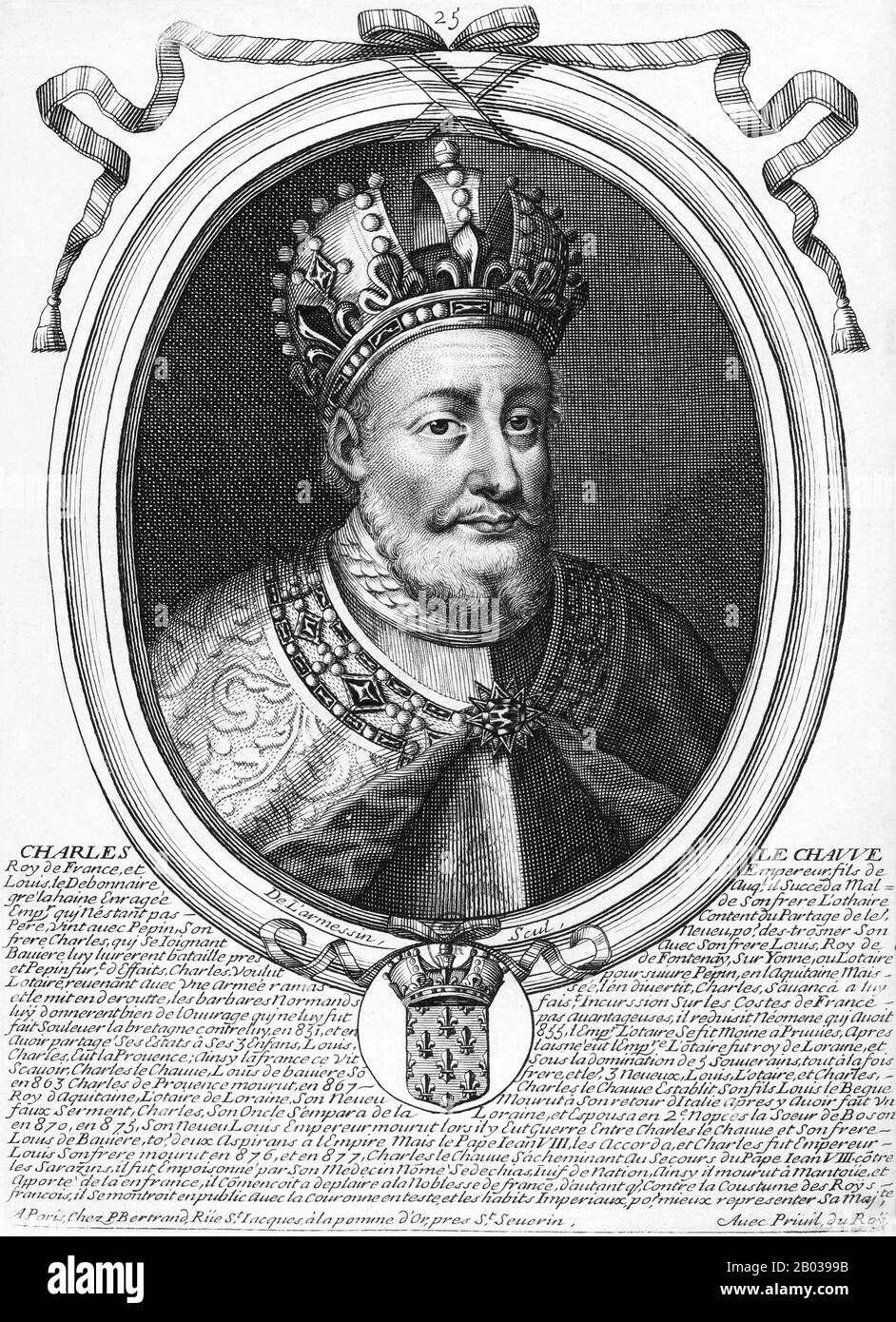 Carlo II (823-877), più comunemente soprannominato Carlo il Bald, era figlio dell'imperatore Luigi il Pio dalla sua seconda moglie. Fu il tentativo di sua madre di far sì che Carlo fosse incluso nei piani di successione di Luigi che portarono alle molteplici guerre civili dei fratellastri di Carlo contro suo padre. Quando il padre di Carlo morì nel 840, scoppiò un'altra guerra civile tra i figli dell'imperatore, con Carlo che si alligò con il fratellastro Luigi il tedesco contro il nuovo imperatore Lotario I. sconfissero Lotario nel 841, e cementarono la loro alleanza con gli Oati di Strasburgo e il trattato di Verdu Foto Stock