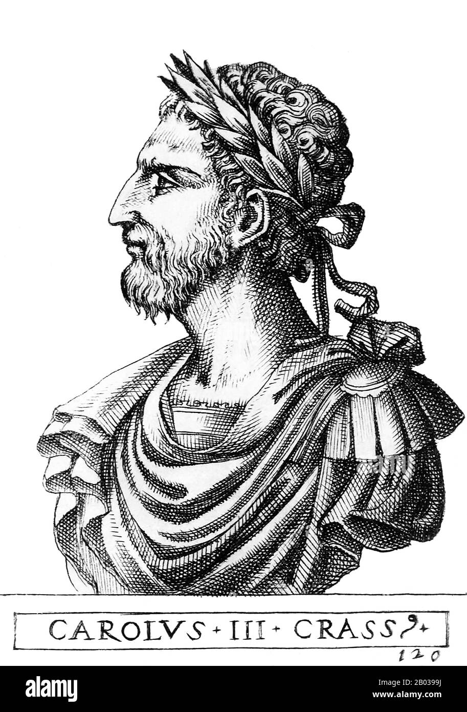 Carlo III (839-888), più comunemente conosciuto come Carlo Il Grasso, era il figlio più giovane di Luigi il tedesco, re di Francia orientale, e pronipote dell'imperatore Carlo Magno. Dopo la divisione dell'Francia orientale tra i figli di Luigi, Carlo ereditò Alamannia nel 876, ma presto ereditò il regno d'Italia nel 876 dopo che il fratello maggiore Carloman di Baviera abdicò. Carlo fu infine incoronato come Sacro Romano imperatore nel 881, e succedette a suo fratello Luigi Il Giovane come re di Sassonia e Baviera un anno dopo, riunendo il Regno di Francia Orientale. Fu costretto a trattare Con la Grande Eea Foto Stock