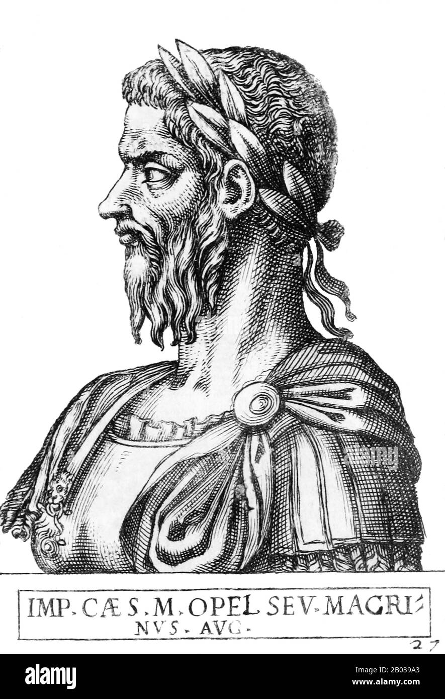 Macrinus (165-218) fu un abile avvocato che servì sotto l'imperatore Settimio Severo, prima che il figlio di Severus e il successore Caracalla lo nominò prefetto della Guardia Pretoriana. Godeva della fiducia e della protezione di Caracalla, finché una profezia affermò che Macrinus avrebbe deposto e successe all'imperatore. Temendo per la sua vita, Macrinus ha tracciato per avere Caracalla assassinato prima che lui stesso fosse condannato a morte. Manipolando un soldato nell'assassinio di Caracalla, Macrinus divenne imperatore nel 217, il primo imperatore romano a non aver salutato dalla classe senatoriale, così come essere il primo Maurétanian Foto Stock