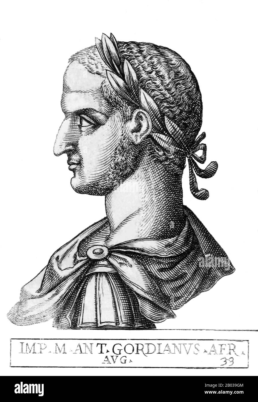 Gordian i (159-238) è nato in una famiglia di rango equestre, anche se non c'è altro poco conosciuto circa la sua vita precoce. Si alzò al potere tardi durante il regno dell'imperatore Alessandro Severus, diventando poi governatore della provincia romana d'Africa nel 237. Quando Alessandro fu ucciso e sostituito da Massimino Thrax, molti furono scontenti del suo governo, specialmente del Senato romano, che vide massimo con grave disprezzo e non lo considerò un vero romano. Questo malcontento alla fine portò ad una rivolta in Africa nel 238. I rioteri proclamarono Gordian i il nuovo imperatore, che accettò solo se h Foto Stock