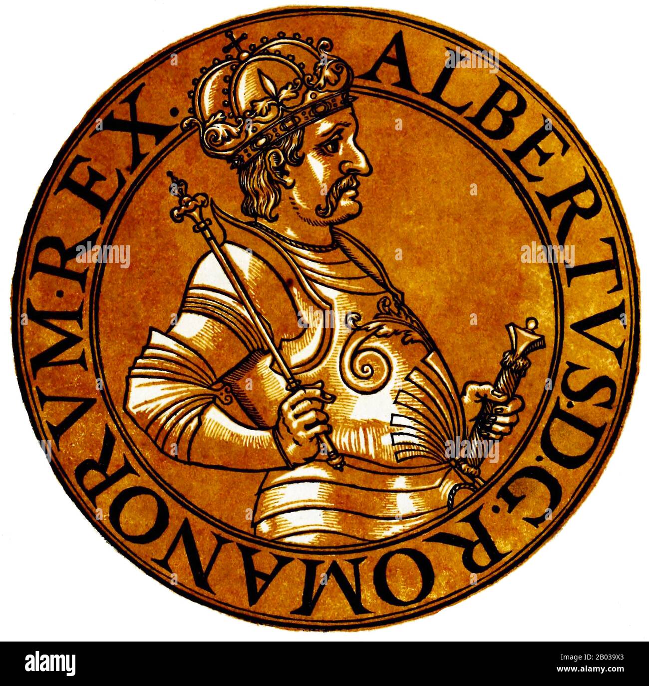 Alberto II (1397-1439), conosciuto anche come Alberto di Germania e Alberto Il Magnanimo, era figlio di Alberto IV, duca d'Austria, succeduto a suo padre all'età di sette anni nel 1404, anche se non divenne il vero governatore d'Austria fino al 1411. Alberto sposò Elisabetta di Lussemburgo, erede dell'imperatore Sigismondo, nel 1422. Alberto assistette il suocero durante le Guerre Hussite, e fu a sua volta nominato successore nel 1423. Quando Sigismondo morì nel 1437, Alberto fu incoronato re d'Ungheria un anno dopo. Fu incoronato Re di Boemia sei mesi dopo, anche se non otteneva i possessi effettivi Foto Stock