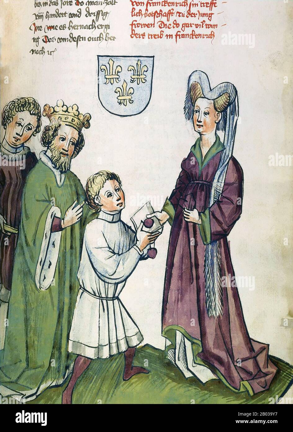 Sigismondo (1368-1437), noto anche come Sigismondo di Lussemburgo, era figlio dell'imperatore Carlo IV e fratello minore di re Venceslao. Sigismondo fu fidanzato con la Principessa Maria, figlia maggiore del Re Luigi il Grande di Ungheria e Polonia, sposandola nel 1385 e diventando Re di Ungheria e Croazia nel 1387. Sigismondo guidò l'ultima Crociata dell'Europa Occidentale, la Crociata di Nicopoli, nel 1396, che guidò un esercito cristiano combinato contro i Turchi. La Crociata fu un disastro e terminò con la sconfitta, Sigismund fu imprigionato e deposto nel 1401 al suo ritorno in Ungheria, anche se in seguito riacquistò t Foto Stock