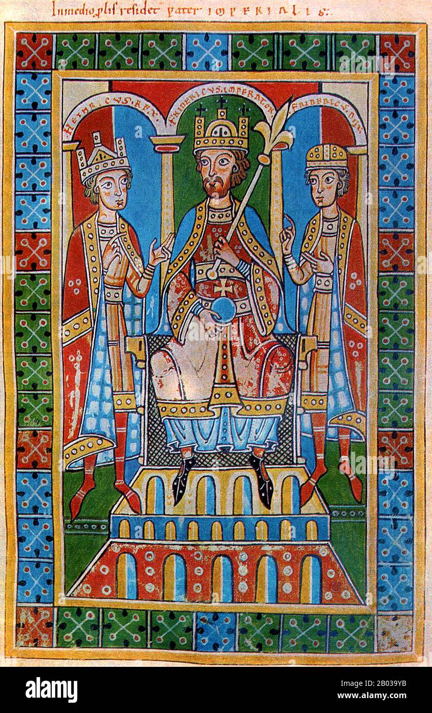 Federico i (1122-1190), noto anche come Federico Barbarossa, era il nipote del re tedesco Corrado III, e divenne Duca di Svevia nel 1147. Quando Corrado morì nel 1152, nominò Federico come suo successore sul suo letto di morte, piuttosto che suo figlio, Federico IV di Svevia. Fu poi incoronato Re d'Italia e Sacro Romano imperatore nel 1155, così come fu proclamato Re di Borgogna nel 1178. Federico fu chiamato Barbarossa ("barba rossa") dalle città del nord italiano che tentò di conquistare, scatenando sei campagne in tutto per sottomettere l'Italia, lottando costantemente con i vari papi e le varie interfe Foto Stock