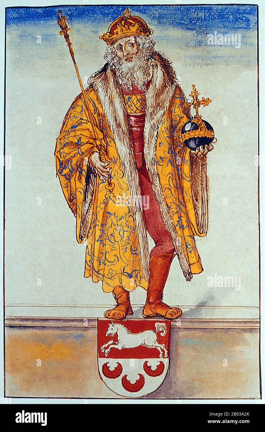 Otto i (912-973), conosciuto anche come otto il Grande, era il figlio più antico del re Enrico i ed ereditò il Ducato di Sassonia così come la regalità dell'Francia orientale, ora anche conosciuta sempre più come Germania, quando suo padre morì nel 936. Unificò i vari duchi in un unico regno, assicurando più potere rimase nelle mani del re piuttosto che nell'aristocrazia, mettendo i membri della sua famiglia in tutti i duchi per ridurre il potere dei duchi, che erano stati precedentemente couguali con il re. Foto Stock