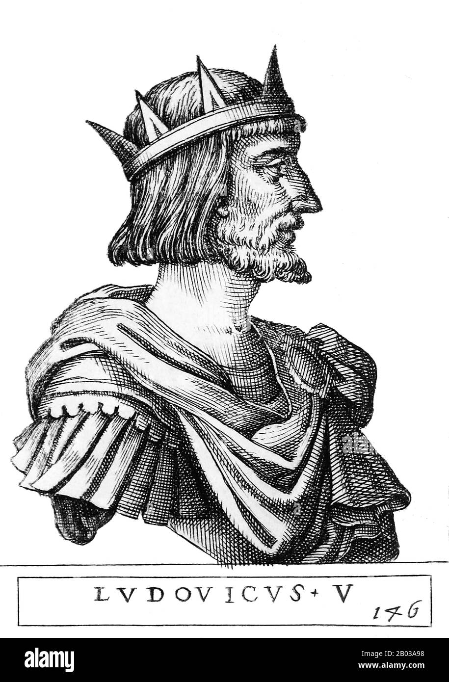 Luigi IV (1282-1347), noto anche come Luigi Bavarese, era figlio del duca Luigi II di Baviera superiore e Matilda, figlia del re Rudolf I. era di Casa Wittelsbach, ed era inizialmente un amico vicino al cugino asburgico Federico la Fiera, ma più tardi si gettarono e si scontrarono violentemente. Divenne Duca di Baviera nel 1301 accanto al fratello Rudolf i, ma divenne unico sovrano nel 1317. Quando l'imperatore Enrico VII morì nel 1313, due re furono eletti per succederlo, uno essendo Luigi stesso e l'altro suo cugino Federico. Furono coronati rapidamente e poi si combatterono in una sanguinosa guerra per Foto Stock