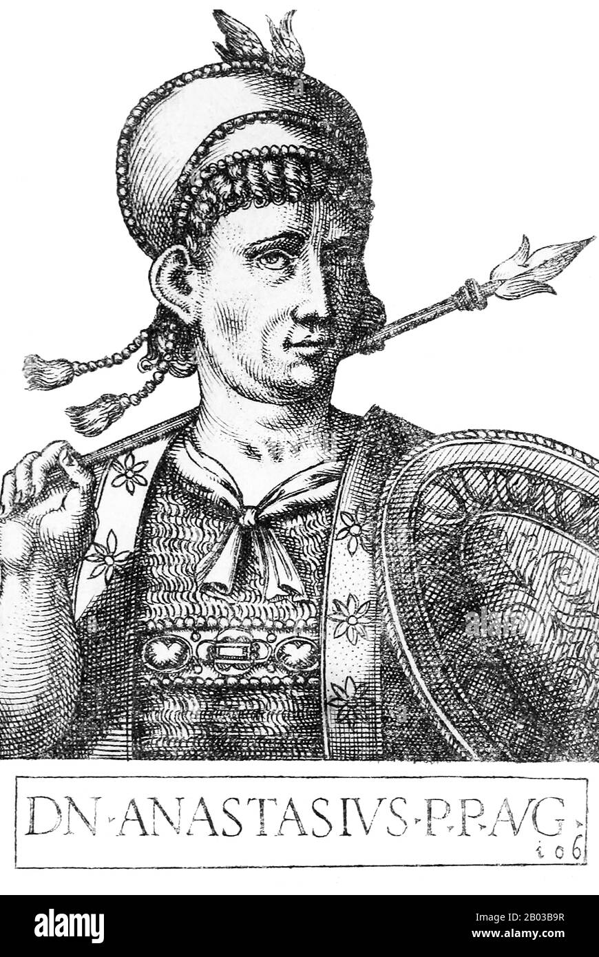 Anastasio II (-719), conosciuto anche come Anastasios II e originariamente chiamato Artemius, era un burocrate e segretario imperiale nella corte bizantina. Fu proclamato imperatore nel 713 dall'esercito opsico dopo che avevano rovesciato l'imperatore Philippicus. Cambiando il suo nome in Anastasio, prese il trono e si rivolse a coloro che avevano aiutato la sua ascesa eseguendo quelli direttamente coinvolti nella cospirazione contro Philippicus. Foto Stock