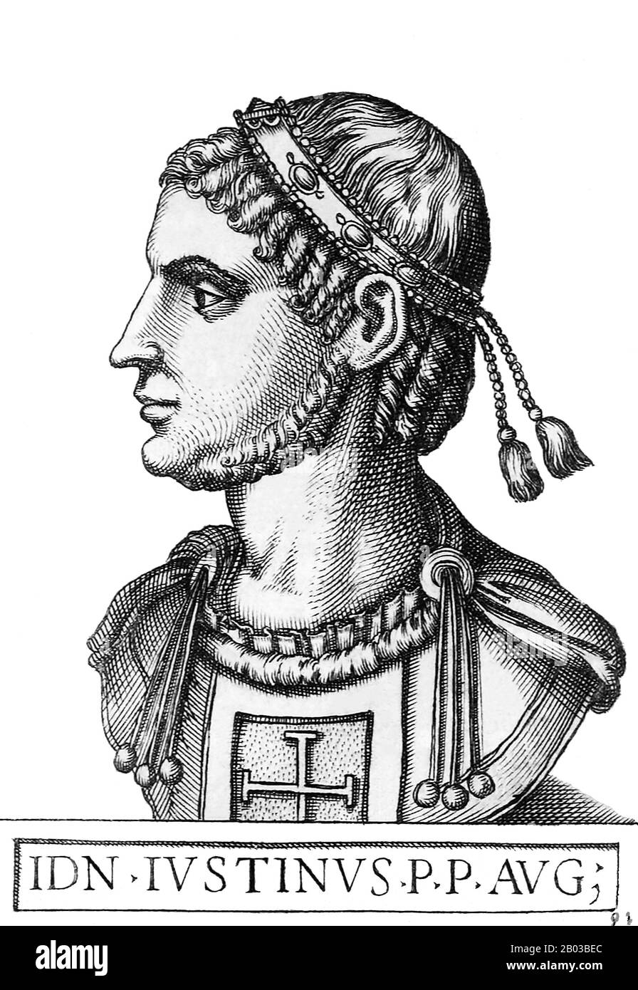 Giustino i (450 - 527) era un contadino per nascita, e dopo essere fuggito a Costantinopoli da un'invasione, si unì all'esercito. La sua abilità lo vide salire attraverso le file per diventare un generale sotto l'imperatore Anastasio I. Justin i divenne così vicino all'imperatore che al tempo della morte di Anastasio nel 518, egli fu in grado di garantire l'elezione come imperatore a causa della sua posizione e accuratamente messo tangenti alle truppe in città. Foto Stock