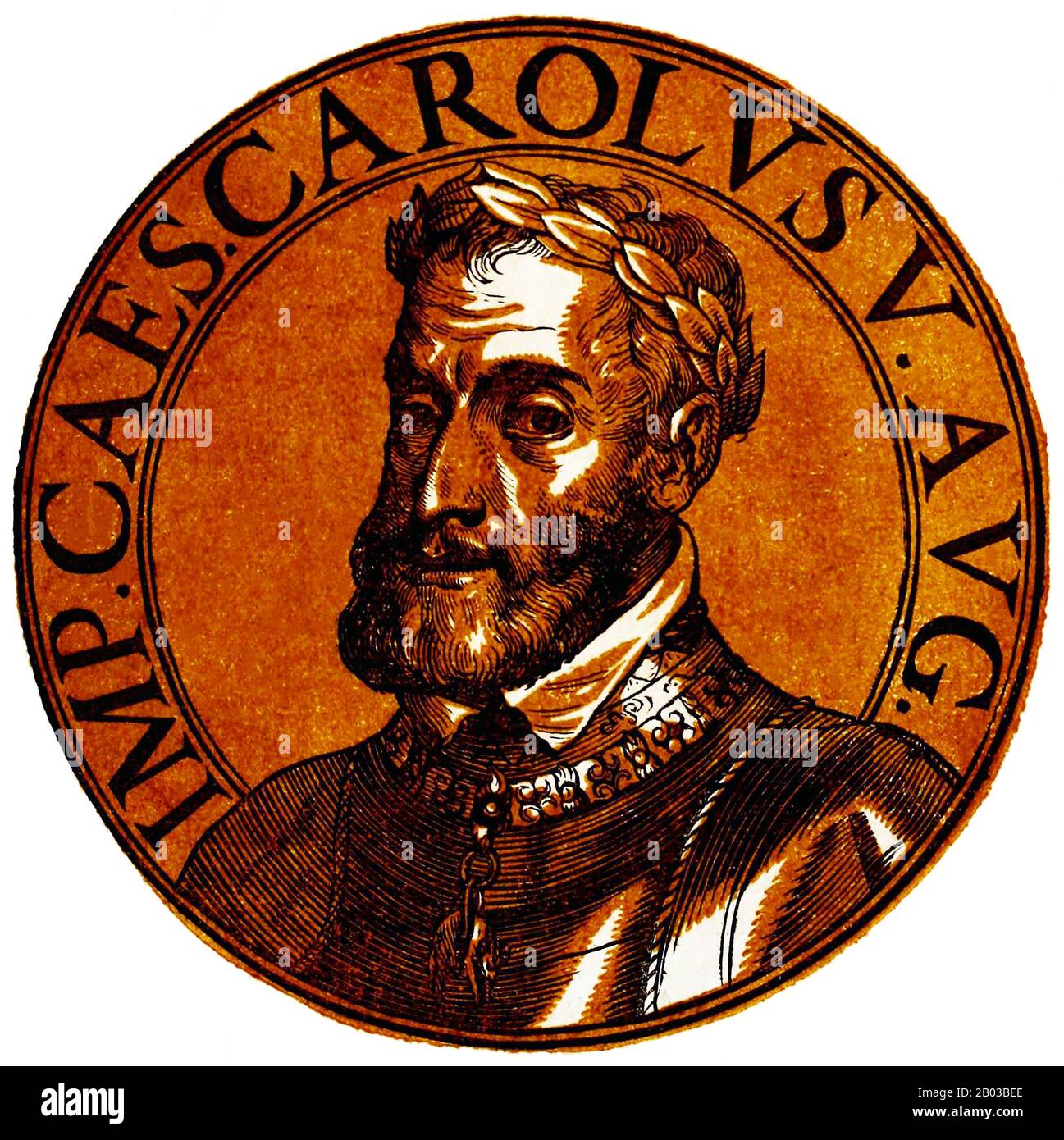 Carlo V (24 febbraio 1500 – 21 settembre 1558) fu governatore del Sacro Romano Impero dal 1519 e dell'Impero Spagnolo (come Carlo i di Spagna) dal 1516, così come delle terre dell'ex Ducato di Borgogna dal 1506. Egli si dimorò da queste e altre posizioni da una serie di abdicazioni tra il 1554 e il 1556. Foto Stock