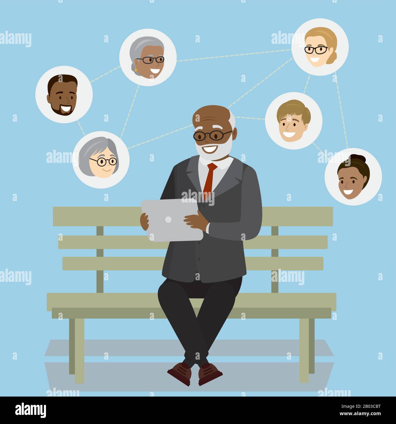 Vecchio uomo è seduto sul banco e chattare online con un tablet, chat su Internet, cartone animato vettore illustrazione Illustrazione Vettoriale