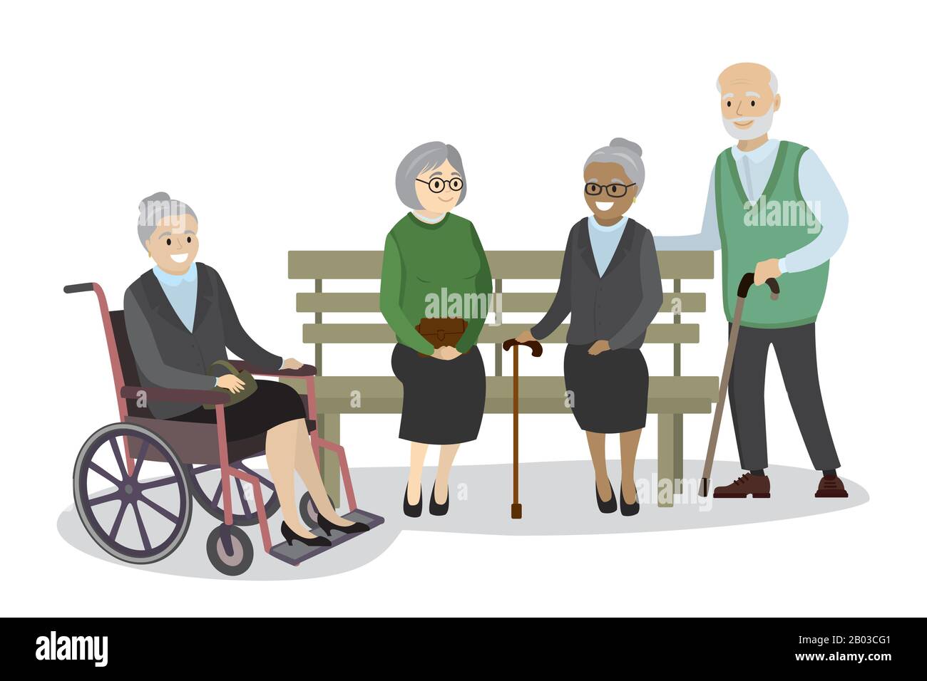 gli anziani multiculturali sono seduti sulla panchina, nonna in carrozzina, isolato su sfondo bianco, illustrazione vettore cartone animato Illustrazione Vettoriale
