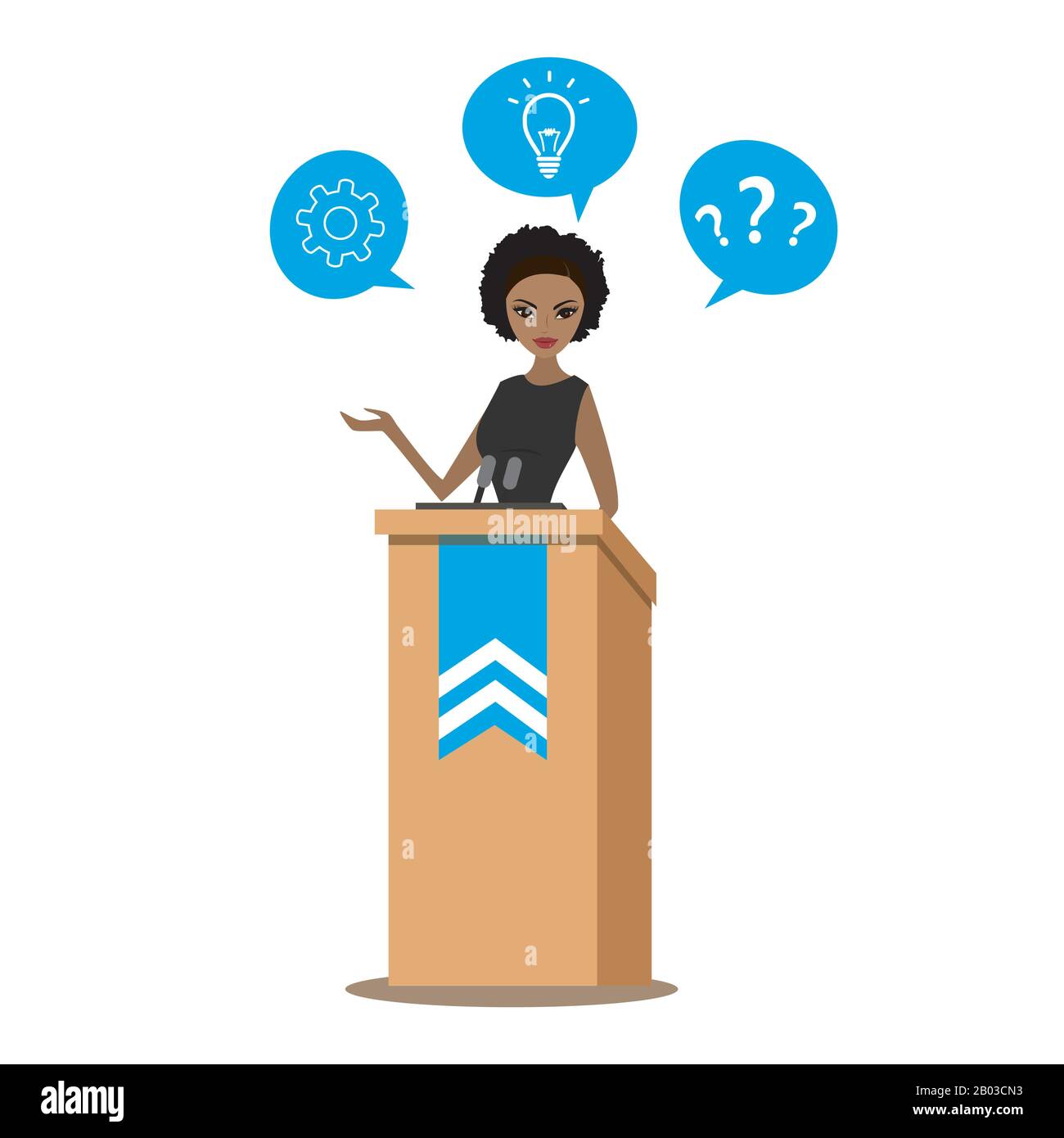 afroamericana business donna o politico parlando al pubblico da tribune. Femmina che dà speech.Presentation.Vector immagine cartone animato isolato Illustrazione Vettoriale