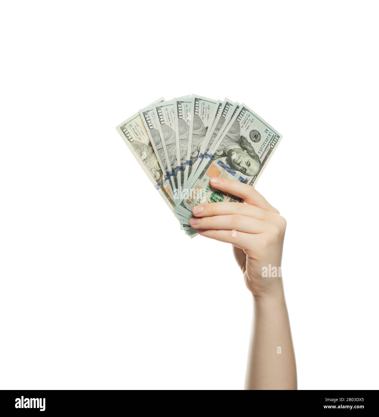 Nuovi 100 dollari americani denaro contante in mano isolato su sfondo bianco. Banconota da 100 dollari USA Foto Stock