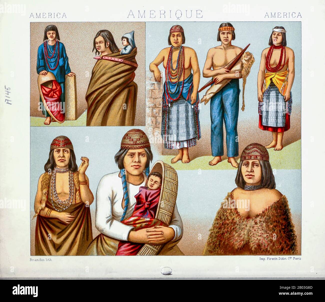 Abbigliamento americano antico indigeno di Geschichte des kostüms in cronologischer entlicklung (Storia del costume in sviluppo cronologico) di Racinet, A. (Auguste), 1825-1893. E Rosenberg, Adolf, 1850-1906, Volume 1 stampato a Berlino nel 1888 Foto Stock