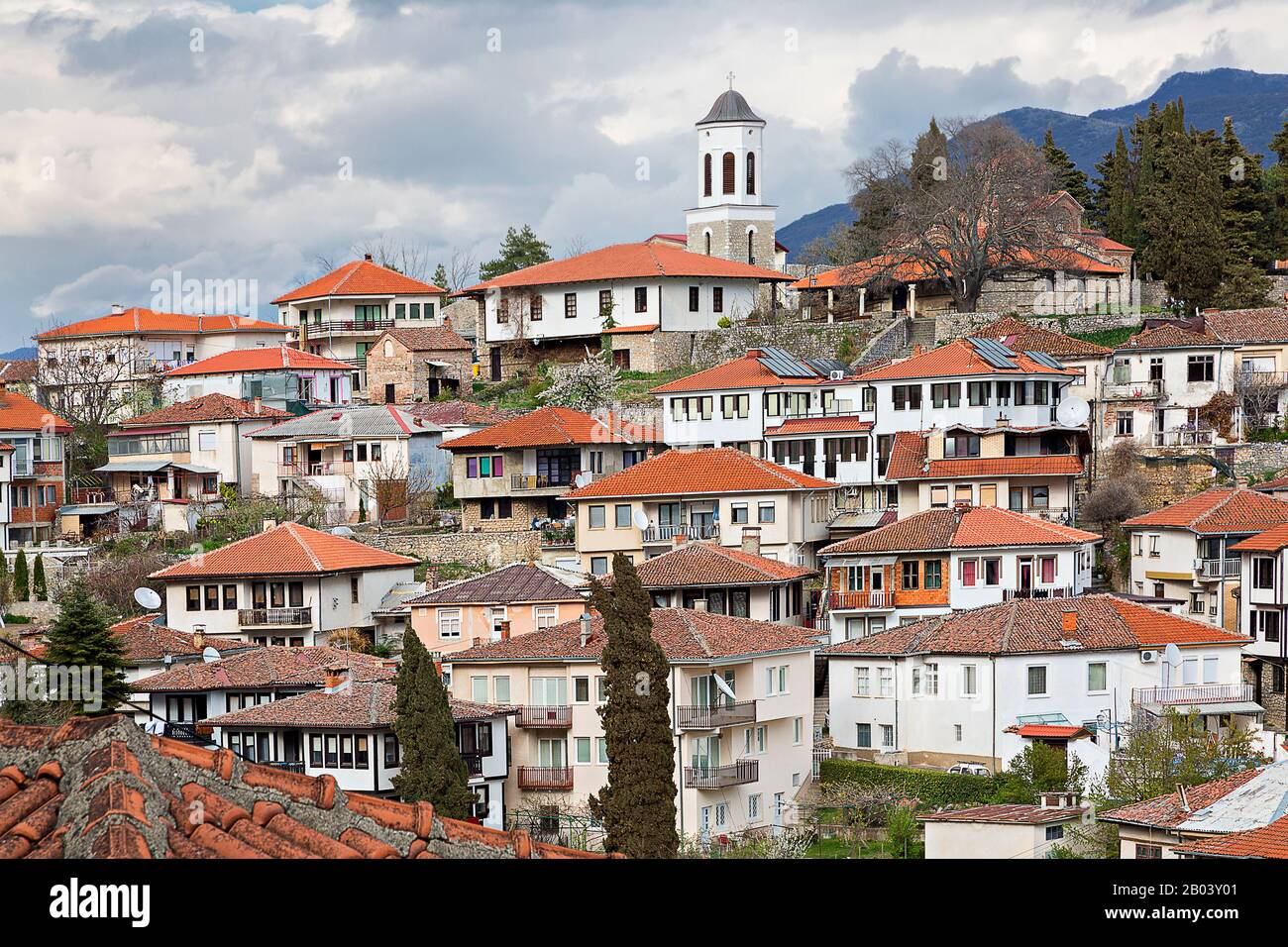 Case tradizionali nel centro storico di Ohrid, Macedonia Foto Stock