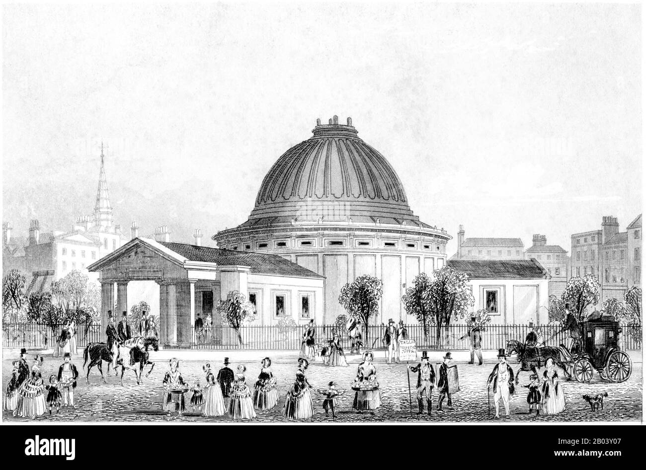 Un'incisione di Leicester Square con l'edificio in cui il modello della Terra di MR Wyld È Esposto scannerizzato ad alta risoluzione da un libro del 1851. Foto Stock