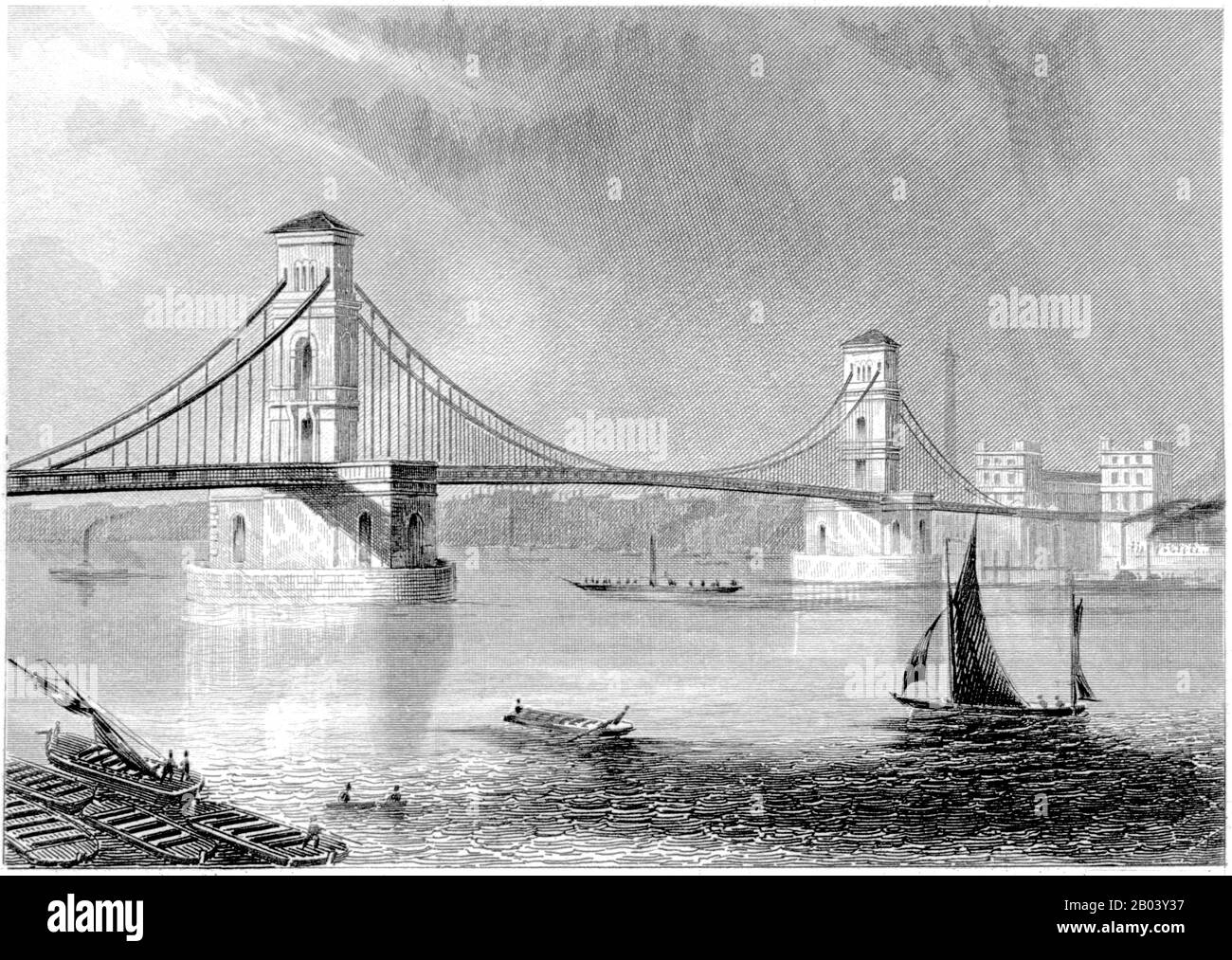 Incisione del Hungerford Bridge, Londra scannerizzata ad alta risoluzione da un libro stampato nel 1851. Si ritiene che questa immagine sia libera da tutti i diritti d'autore. Foto Stock