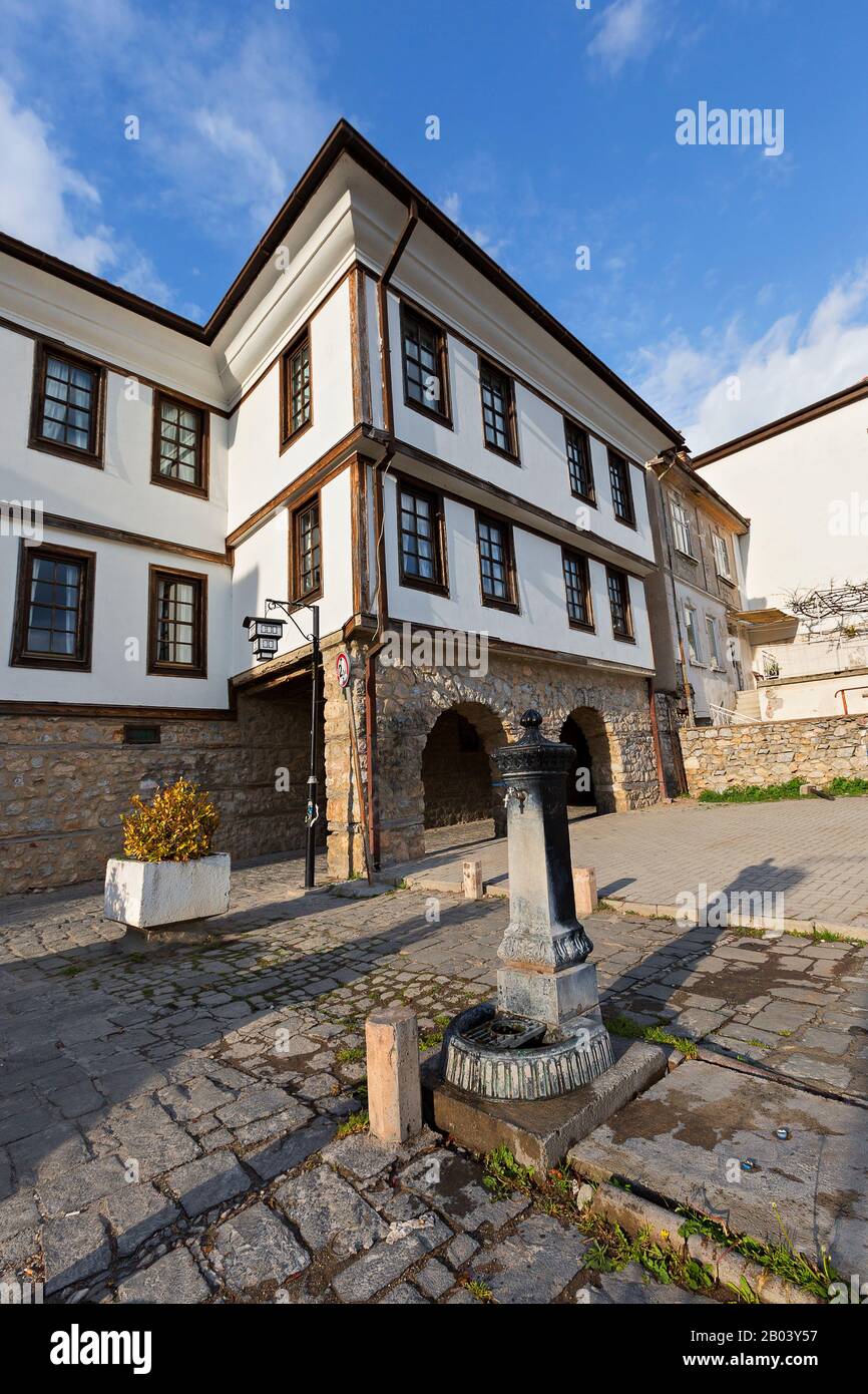 Case tradizionali nel centro storico di Ohrid, Macedonia Foto Stock