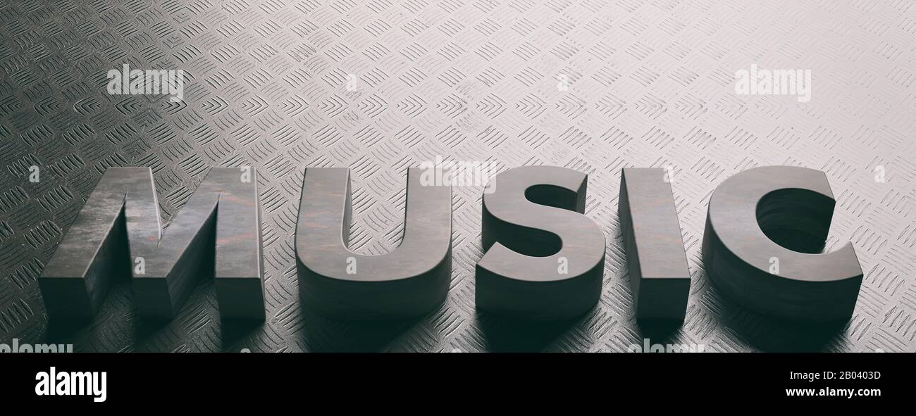 Musica parola testo lettere, metallo scacchiera lamiera sfondo, industriale pavimento metallico, metallo pesante, hard rock concetto di musica. figura 3d Foto Stock