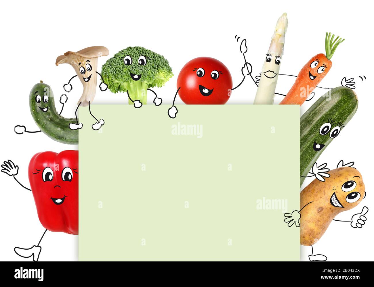 Le verdure con il carattere del cartone animato tengono un segno Foto Stock
