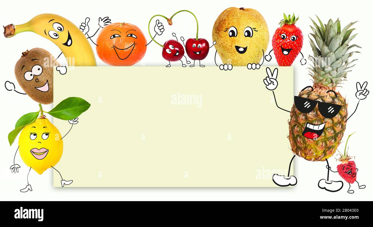 Frutti con personaggio cartoon tenere un segno Foto Stock