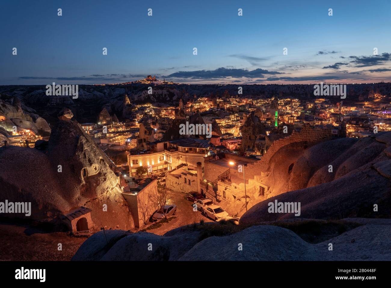 Goreme di notte, Cappadocia, Turchia Foto Stock