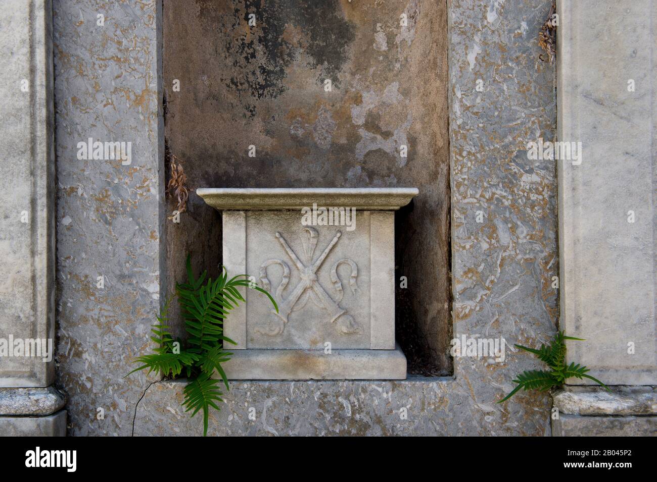 Dettaglio del gravesite con piante che crescono dalle crepe al cimitero la Recoleta, un cimitero situato nel quartiere Recoleta di Buenos Aires ad Arge Foto Stock Dettaglio del gravesite con piante che crescono dalle crepe al cimitero la Recoleta, un cimitero situato nel quartiere Recoleta di Buenos Aires ad Arge Foto Stock