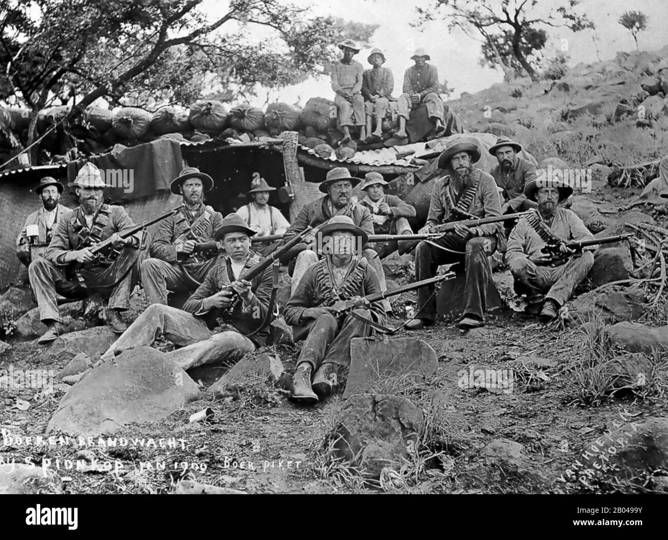 BATTAGLIA DI SPION COP 23-24 GENNAIO 1900. Combattenti di Boer in un picchetto fuorilegge. Foto Stock