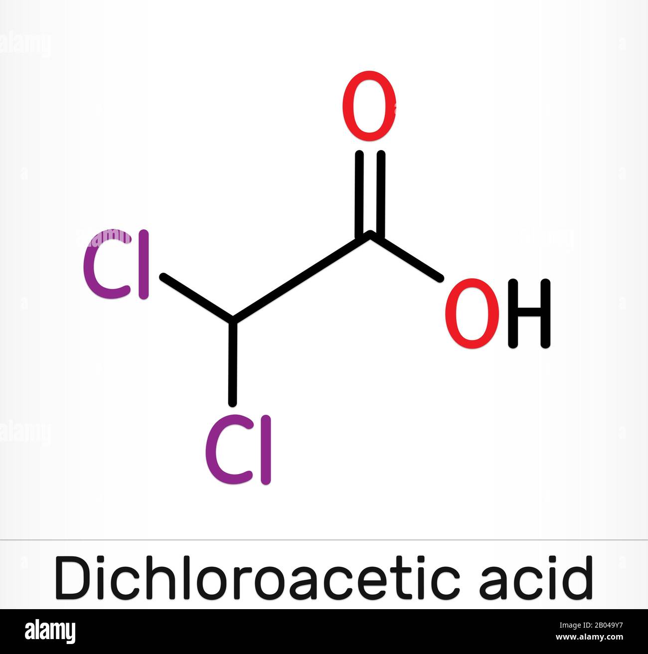 Acido dicloroacetico DCA, acido bicloroacetico BCA, molecola C2H2Cl2O2. Formula chimica scheletrica. Illustrazione Foto Stock