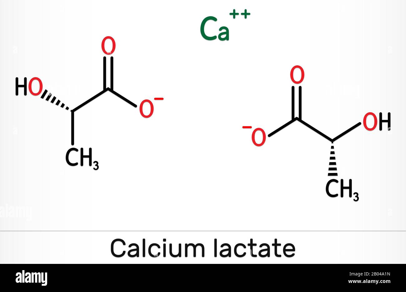 Lattato di calcio, C6H10CaO6, molecola di anione lattato. Viene usato in medicina per trattare le carenze di calcio e come additivo alimentare E327. Chimica scheletrica Foto Stock