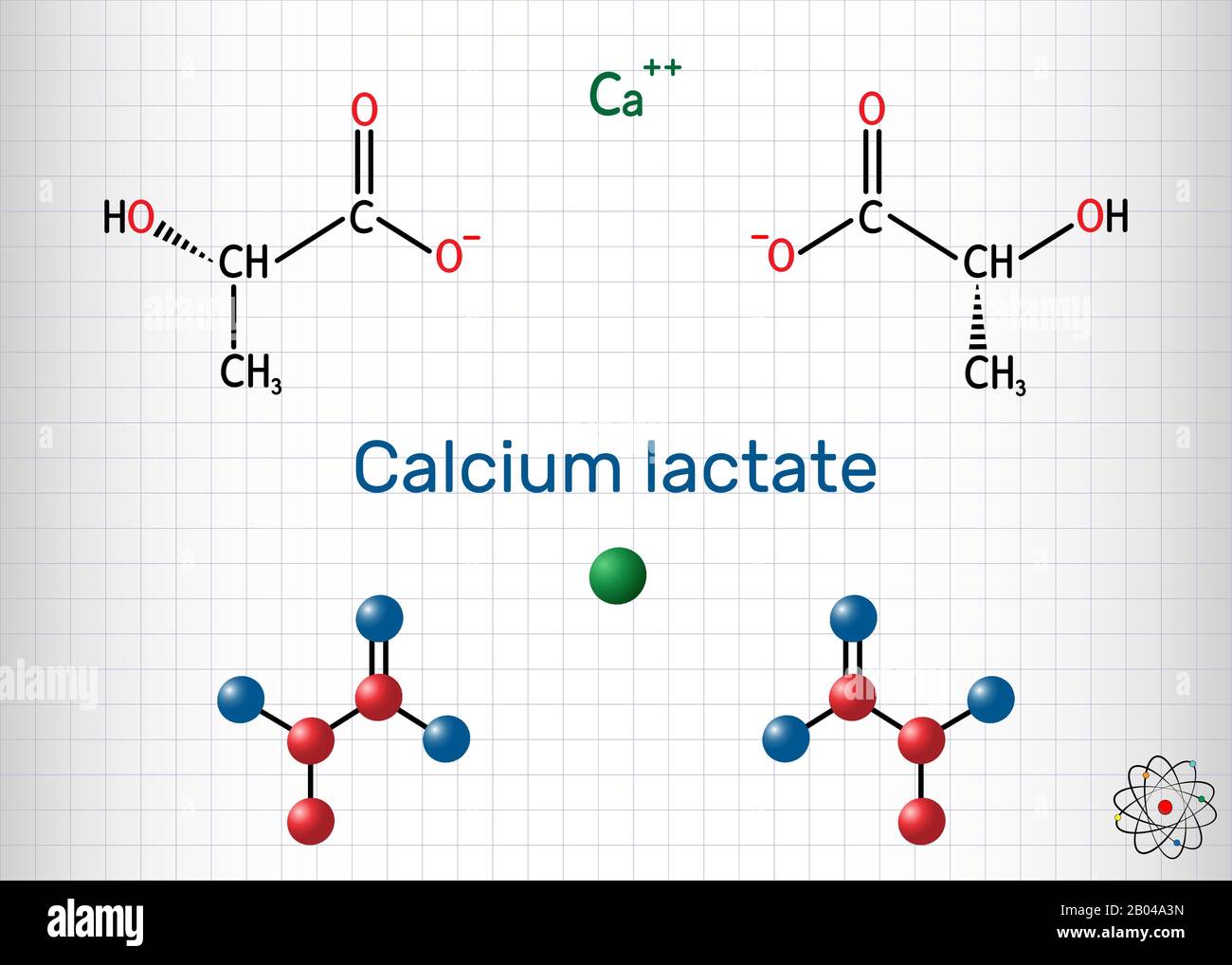 Lattato di calcio, C6H10CaO6, molecola di anione lattato. Viene usato in medicina per trattare le carenze di calcio e come additivo alimentare E327. Foglio di carta in Illustrazione Vettoriale