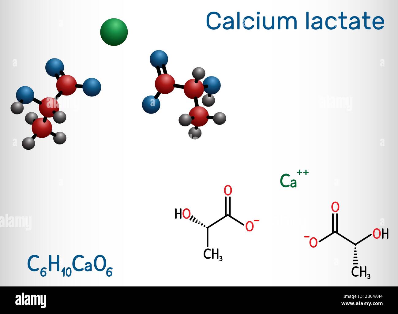 Lattato di calcio, C6H10CaO6, molecola di anione lattato. Viene usato in medicina per trattare le carenze di calcio e come additivo alimentare E327. chemica strutturale Illustrazione Vettoriale