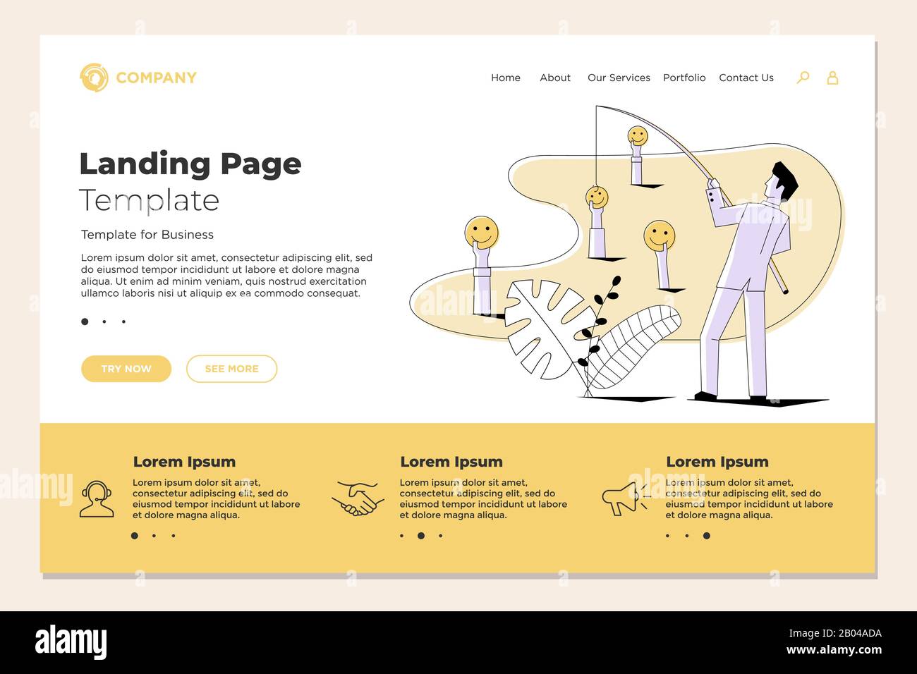 Fisherman uomo d'affari pesca emoji smiley volti su landing page web design modello. Vettore business internet Technology SMM social media marketing sito web illustrazione concetto Illustrazione Vettoriale