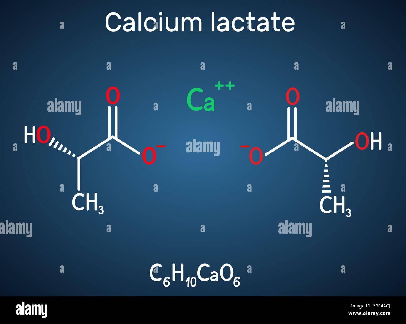 Lattato di calcio, C6H10CaO6, molecola di anione lattato. Viene usato in medicina per trattare le carenze di calcio e come additivo alimentare E327. chemica strutturale Illustrazione Vettoriale
