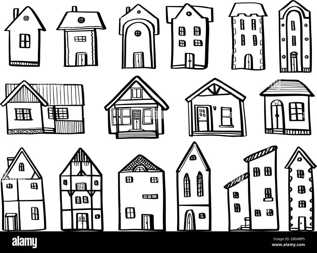 Set case in stile doodle disegnato a mano isolato su sfondo bianco. Architettura di illustrazione dello stock del contorno vettoriale. Illustrazione Vettoriale