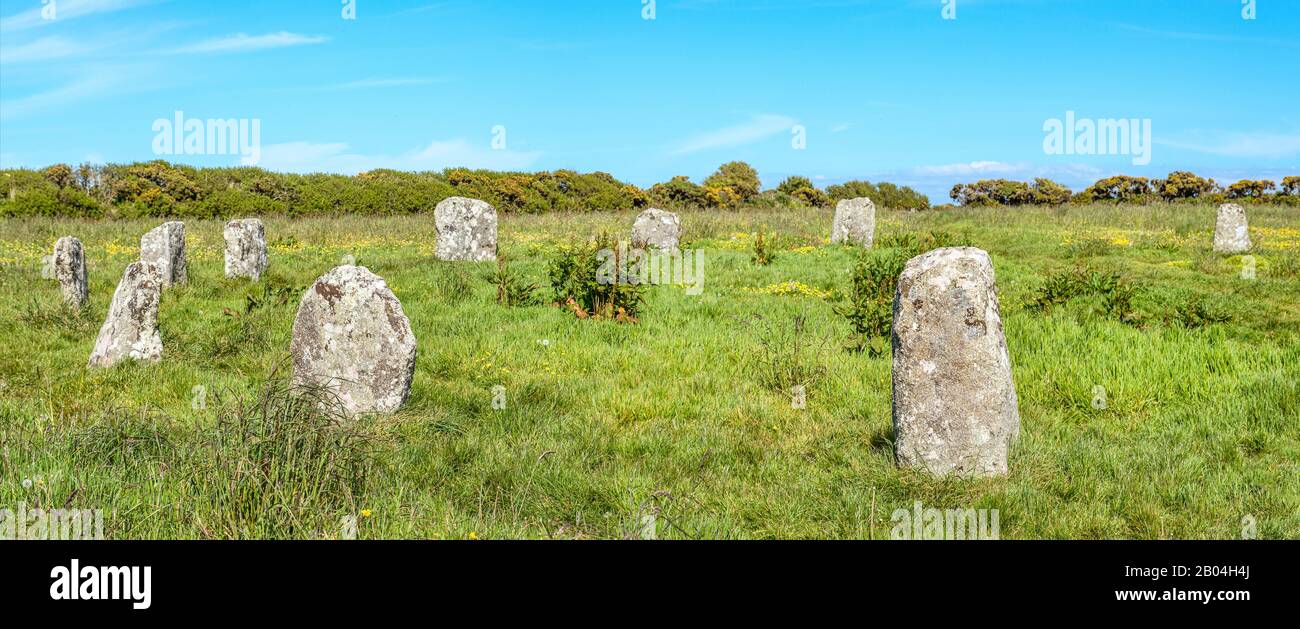 Stone Circle Merry Maidens, o Dawn's Men, un cerchio di pietra neolitico in Cornovaglia, Regno Unito Foto Stock