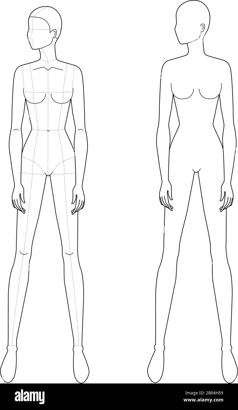 Modello di moda di gambe in piedi ampie donne guardando a sinistra con e senza linee principali. 9 dimensioni testa per disegno tecnico. Vista frontale Lady figure. Vettore delineano ragazza per moda schizzo e illustrazione. Illustrazione Vettoriale