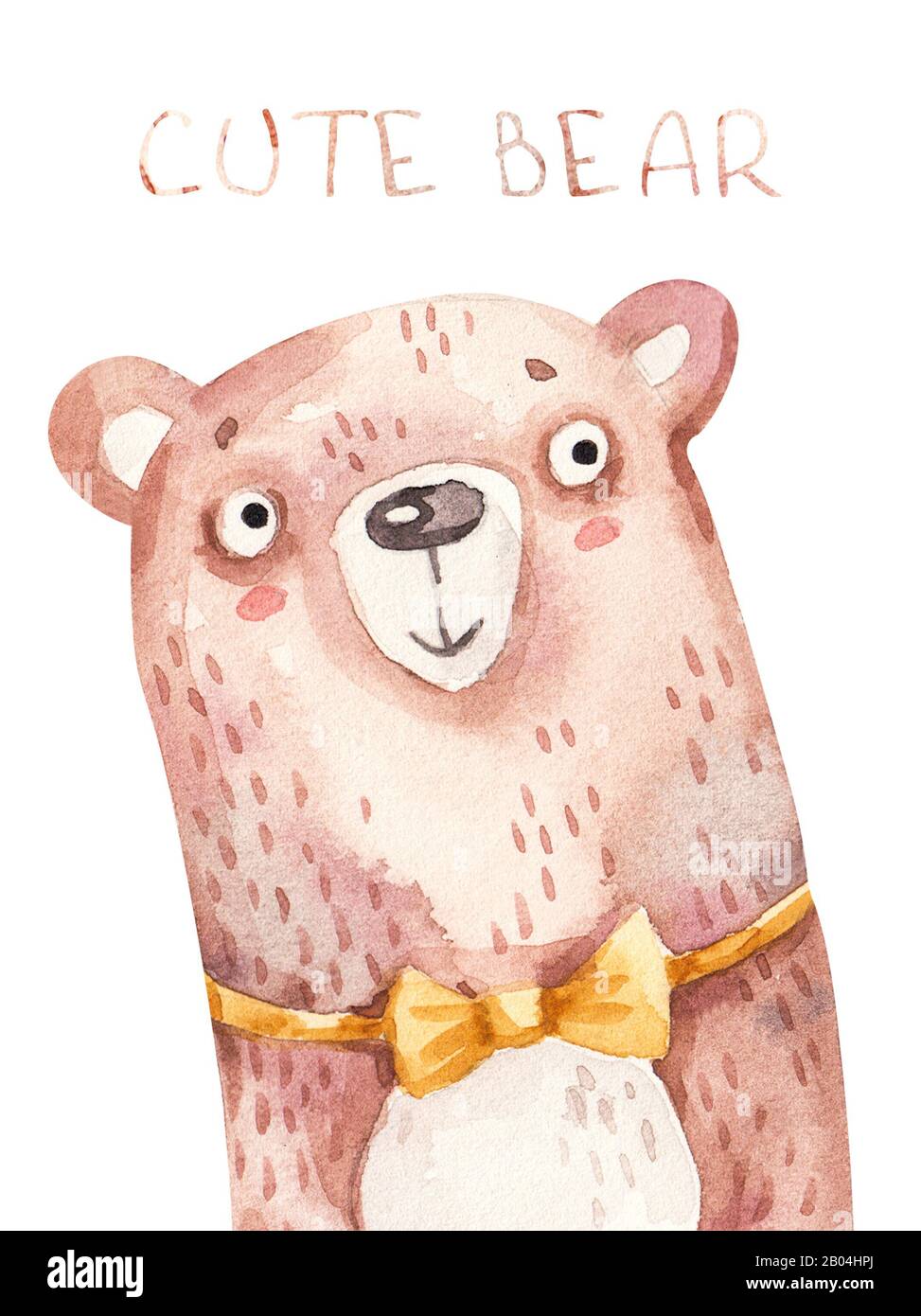 Cartellone carino con ritratto a mano orso con volto sorridente. Acquerello vivaio dipinto a mano per bambino, neonato Foto Stock