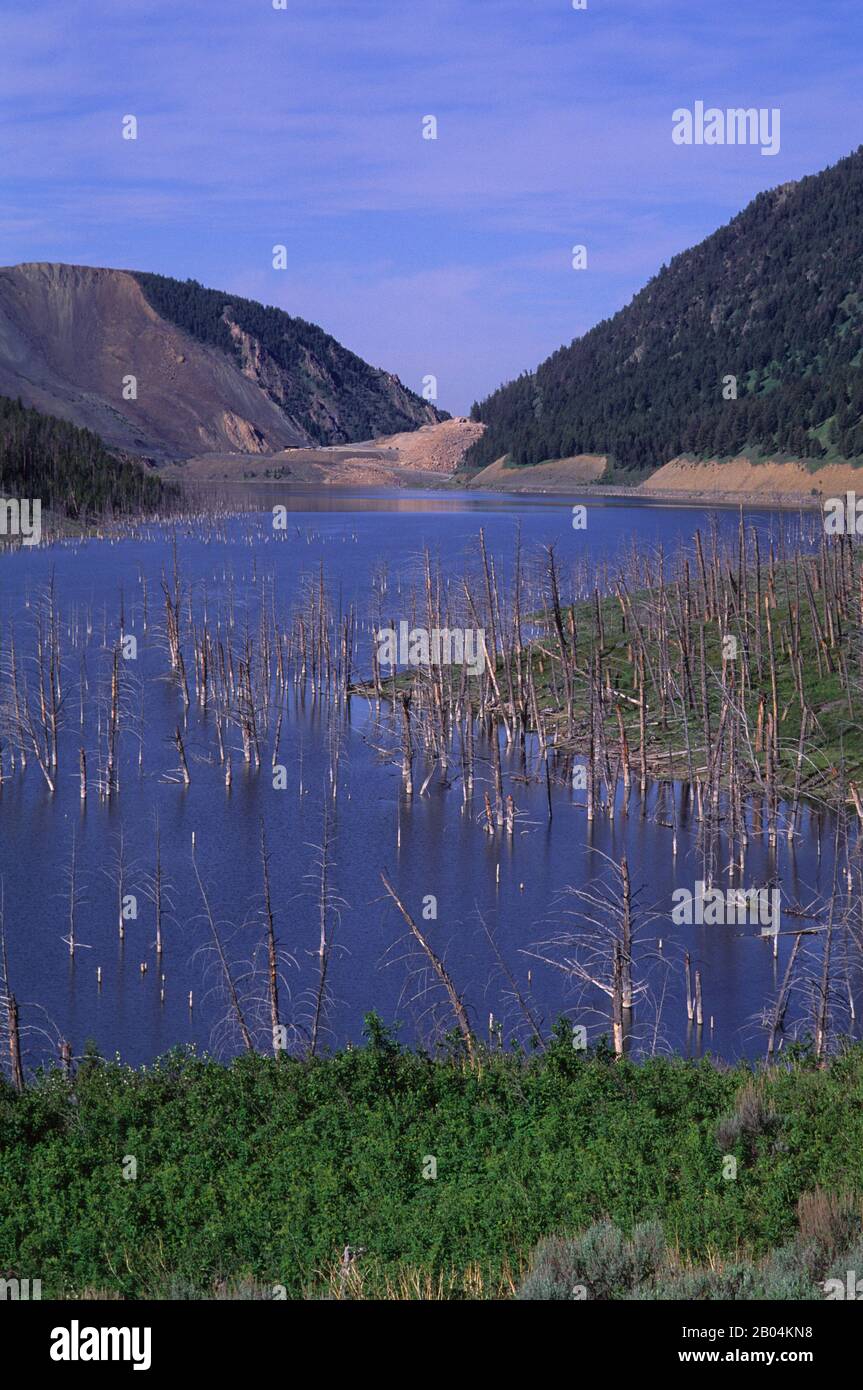 Vista di un serbatoio d'acqua con alberi morti nel Montana occidentale negli Stati Uniti. Foto Stock