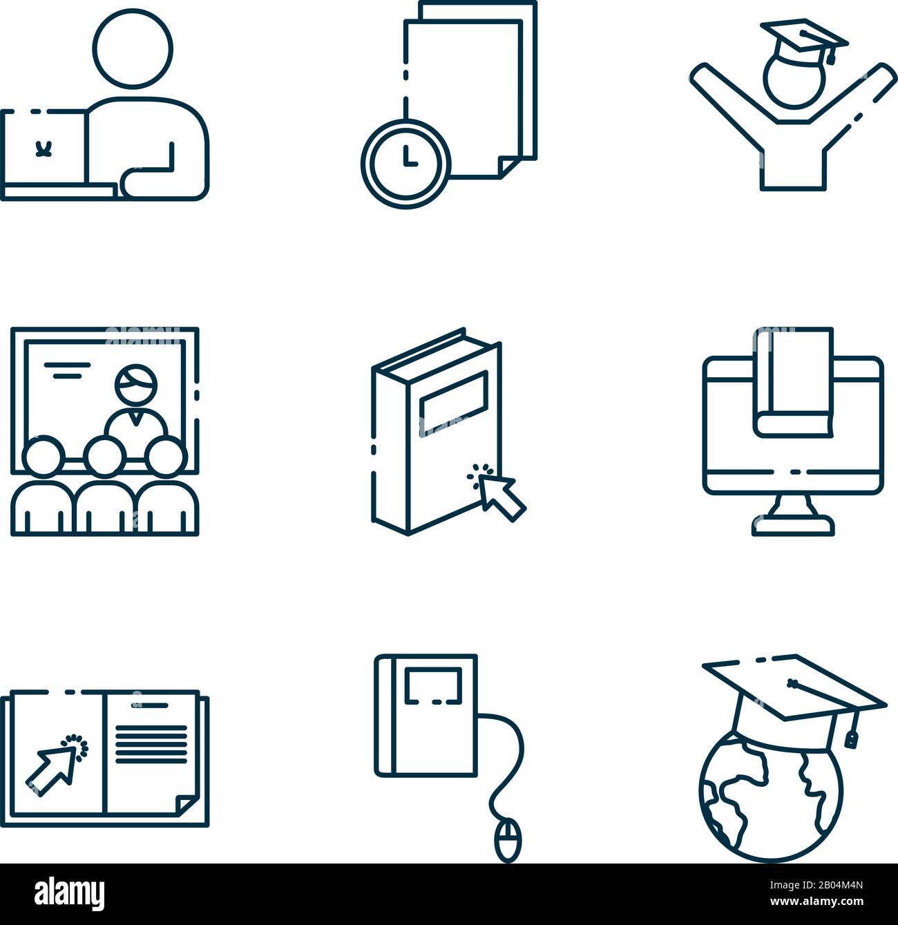 Linea stile icona Set design, scuola Eduaction classe universitaria lezione conoscenza preschooler studio apprendimento classe e tema primario illustrazione vettoriale Illustrazione Vettoriale